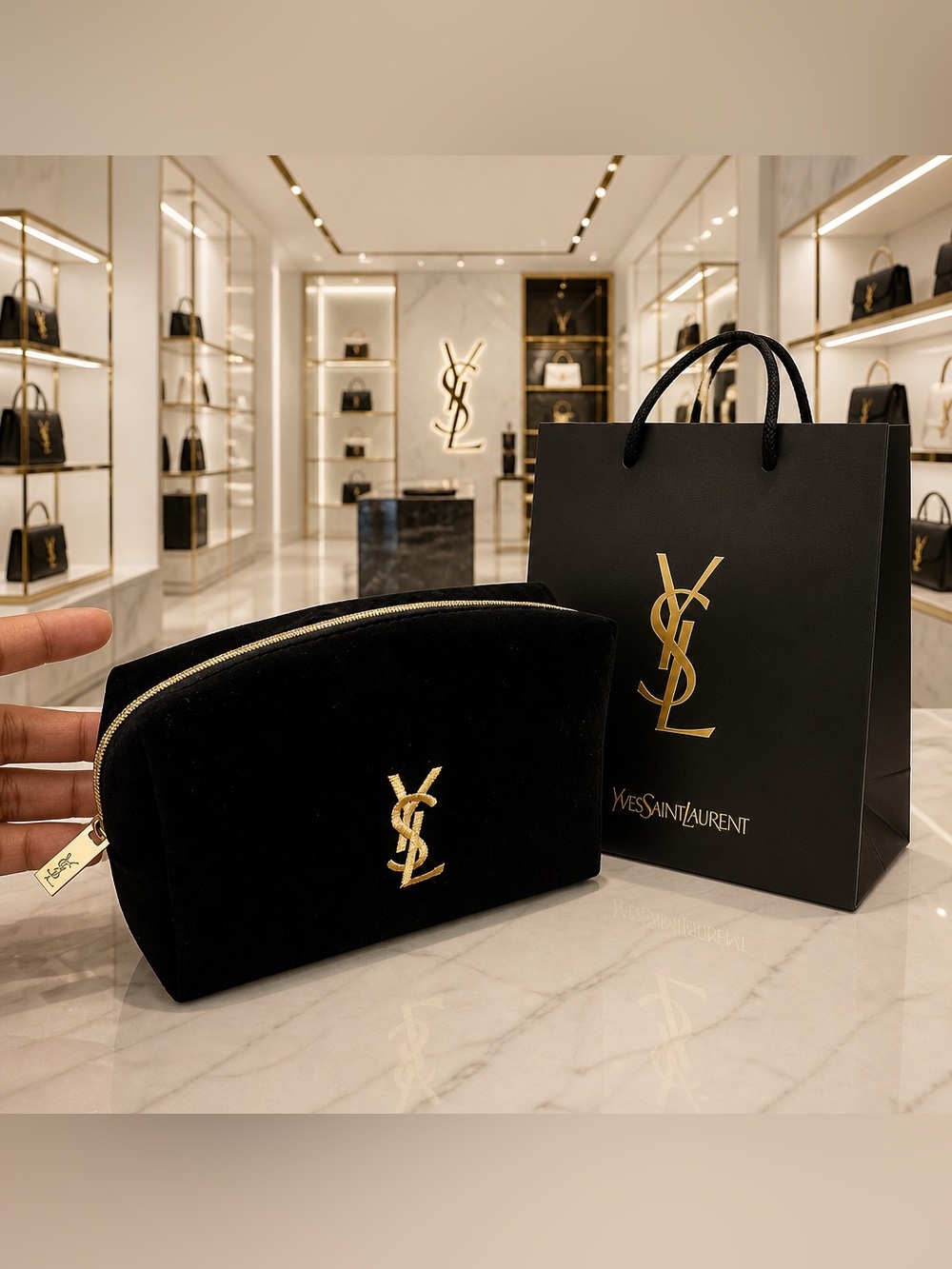 🌺Yves Saint Laurent velvet  pouch with YSL logo embroidery, beauty bag🌺